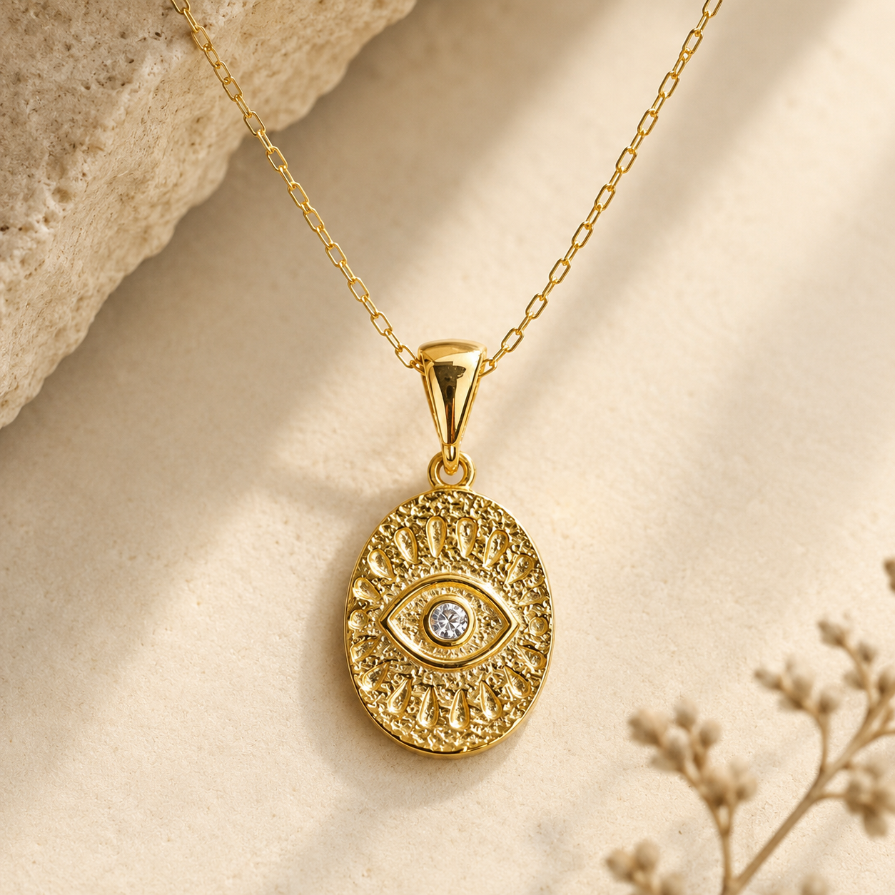Iasos Evil Eye Gold Pendant inspired by ancient Mediterranean protection symbols, handcrafted gold necklace with textured eye motif